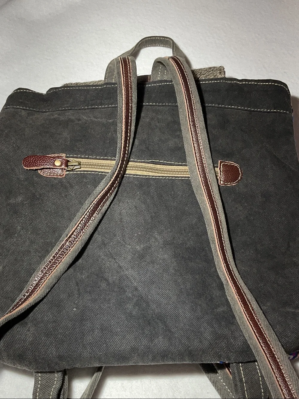 Myra Bag Multicolor Geometric Backpack with Gray Haircalf Flap